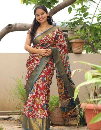 Red Kanchi border Kalamkari chennur silk saree