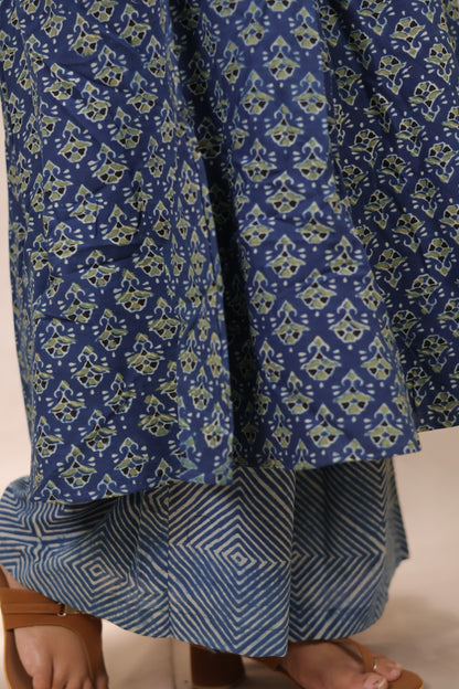 Indigo Ajrakh Handblock Printed Kali Kurti Co-ord Set (Pure Cotton ) | Looms & Tassels