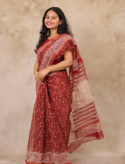 Maroon Pure Kota Doria Saree with Bagru Handblock Prints | Looms & Tassels
