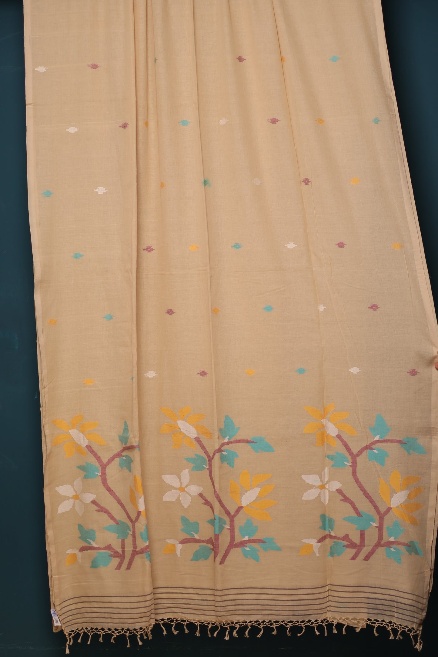 Cream Pure Handwoven Jamdhani Malai Cotton Saree