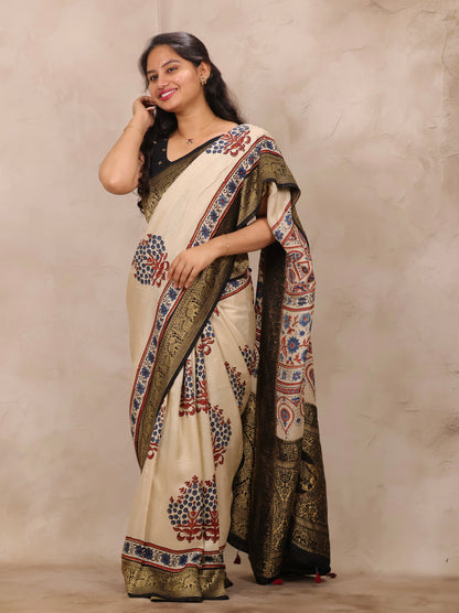 Cream Ajrakh Handblock printed Dola Silk Saree | Looms & Tassels