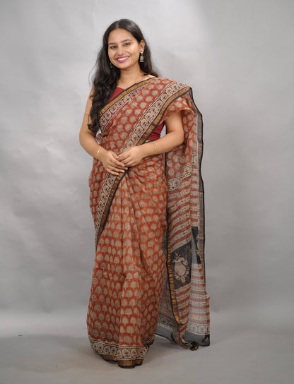 Maroon Pure Kota Doria Saree with Bagru Handblock Prints | Looms & Tassels