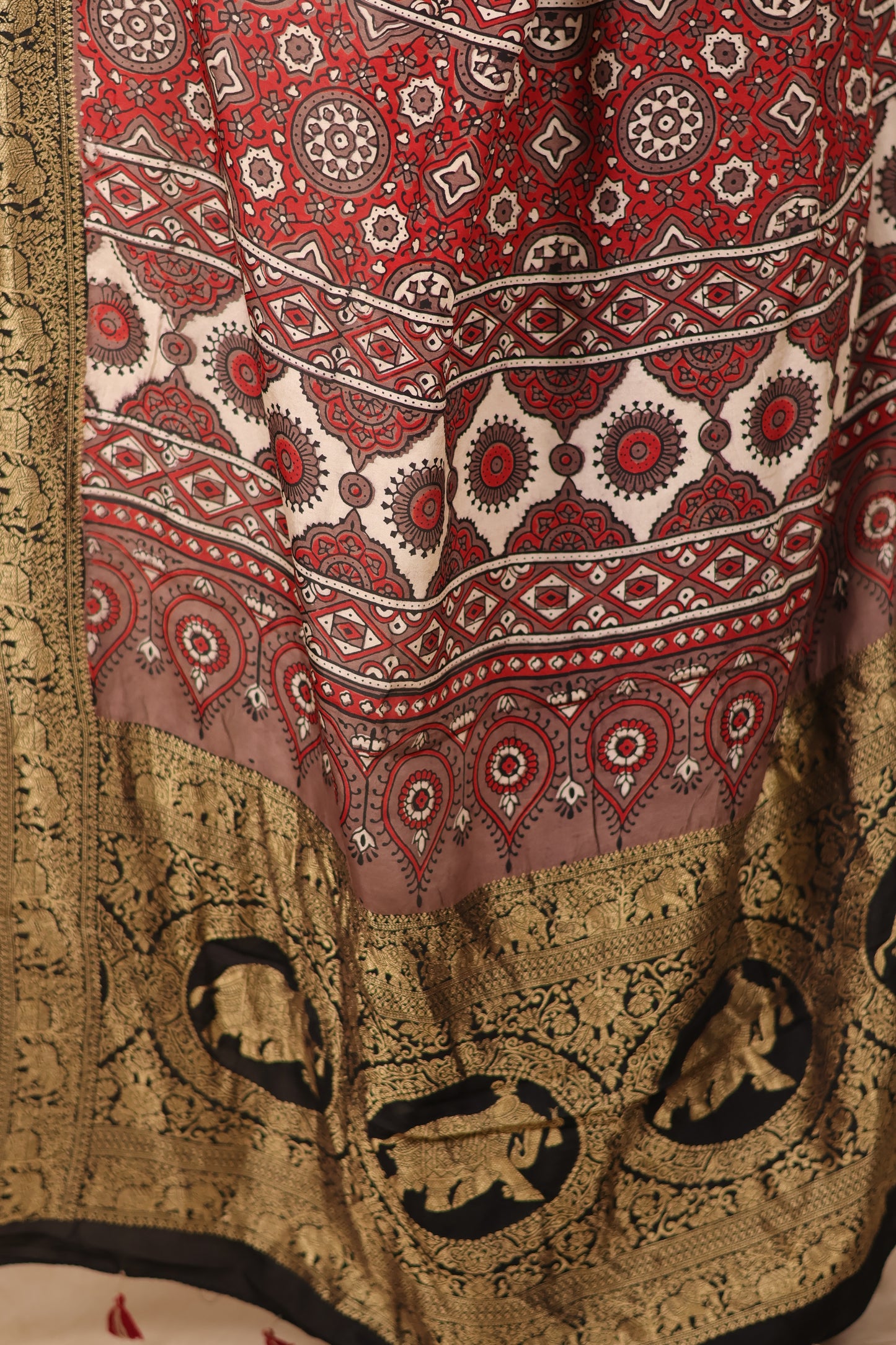 Dusty Brown Ajrakh Handblock printed Dola Silk Saree | Looms & Tassels