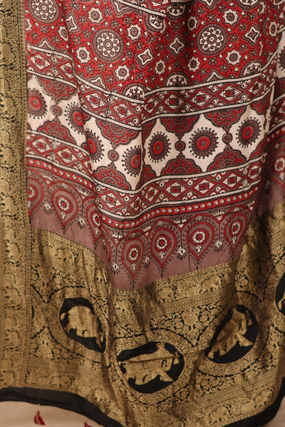 Dusty Brown Ajrakh Handblock printed Dola Silk Saree | Looms & Tassels