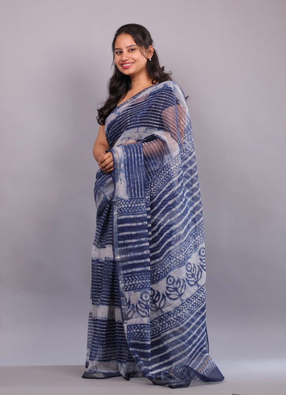 Pure Kota Doria Saree with Bagru Handblock Prints – Blue | Looms&Tassels