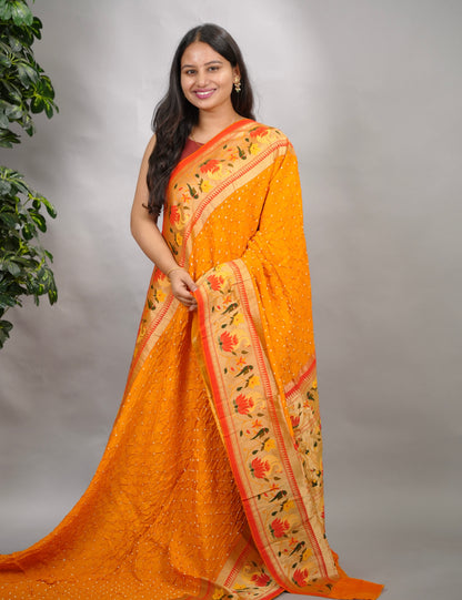 Yellow Handcrafted Bandhani Paithani Dola Silk Saree | Looms & Tassels