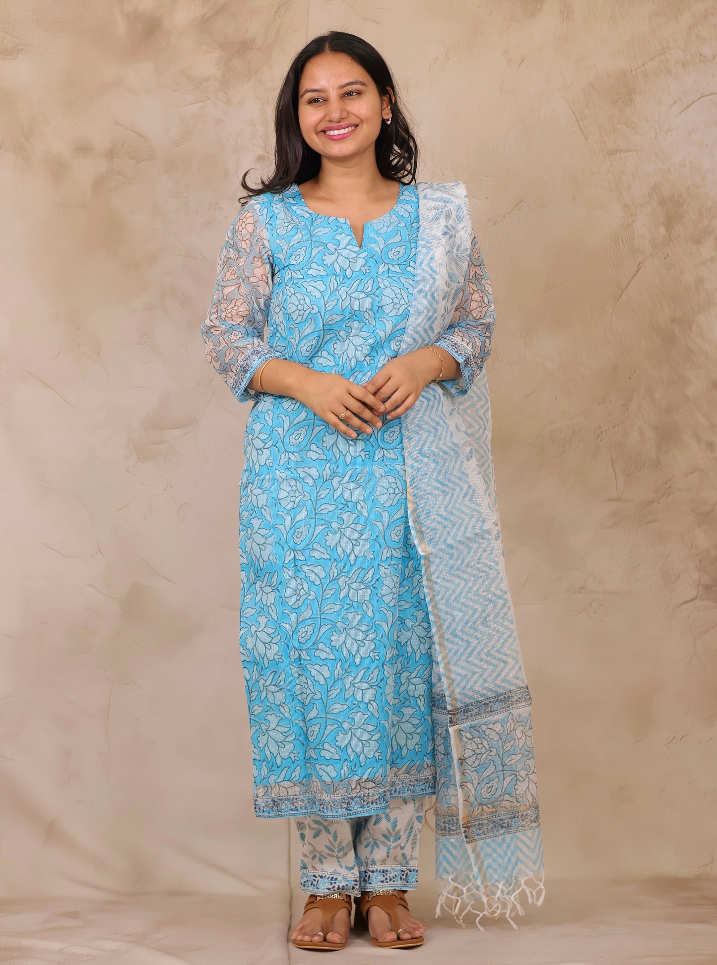 Ice Blue Handblock printed kota 3 piece suit (stitched)