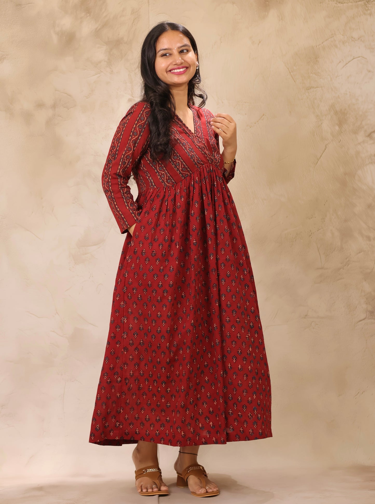 Maroon Ajrakh Hand Block Printed Pure Mul Cotton Aline Kurta | Looms & Tassels
