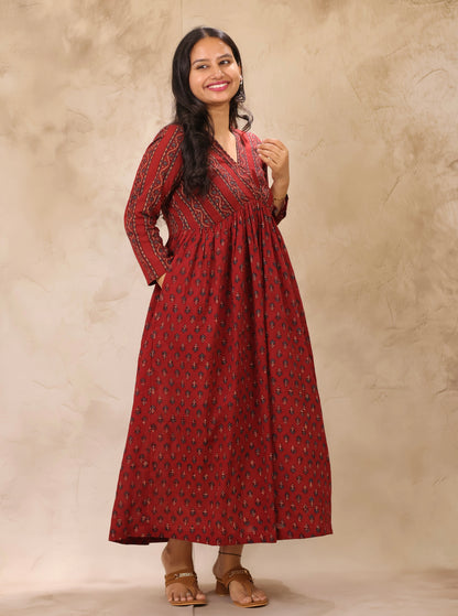 Maroon Ajrakh Hand Block Printed Pure Mul Cotton Aline Kurta | Looms & Tassels