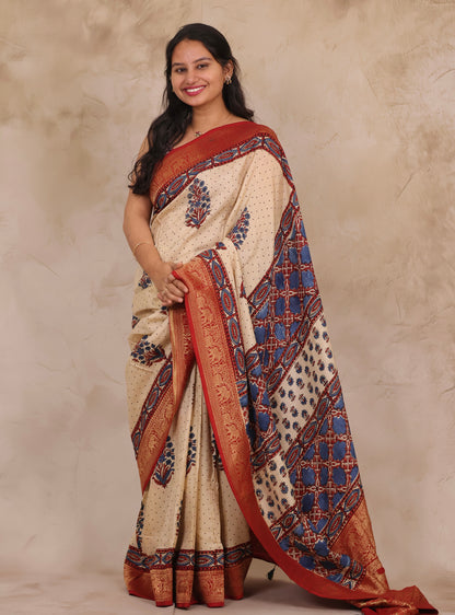 Cream Dotted Floral Ajrakh Handblock printed Dola Silk Saree | Looms & Tassels