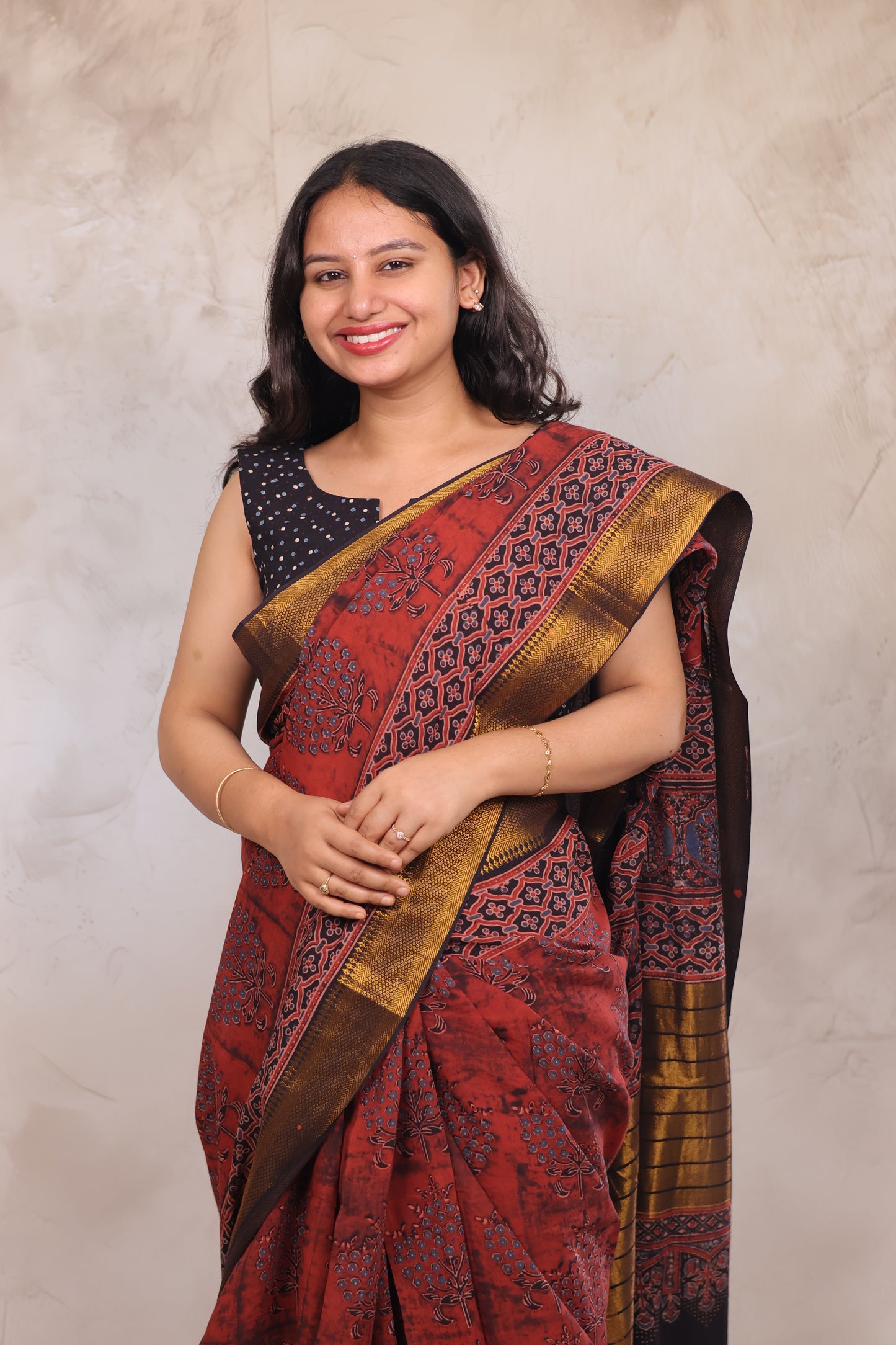Rust Ajrakh Hand Block Printed Mangalagiri Cotton Saree | Looms & Tassels