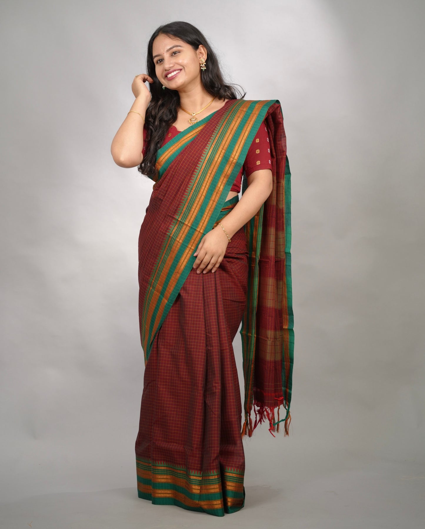 Maroon Checks Narayanpet Cotton Saree with Traditional contrast Border | Looms & Tassels