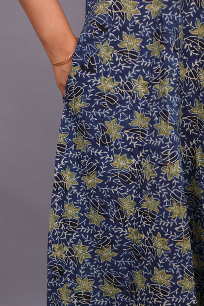 Blue Ajrakh Handblock Printed A-Line Cotton Kurti – Elegant & Comfortable Ethnic Wear | Looms & Tassels
