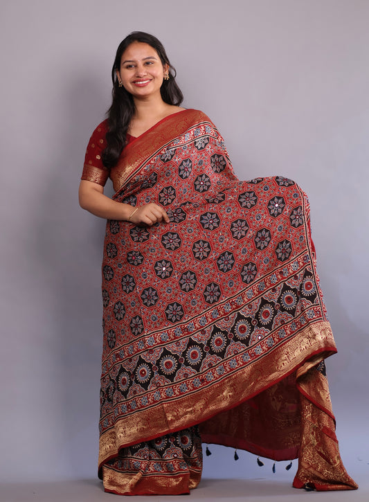 Handcrafted Ajrakh Dola Silk Saree with Authentic Banjara Mirror Work | Looms & Tassel