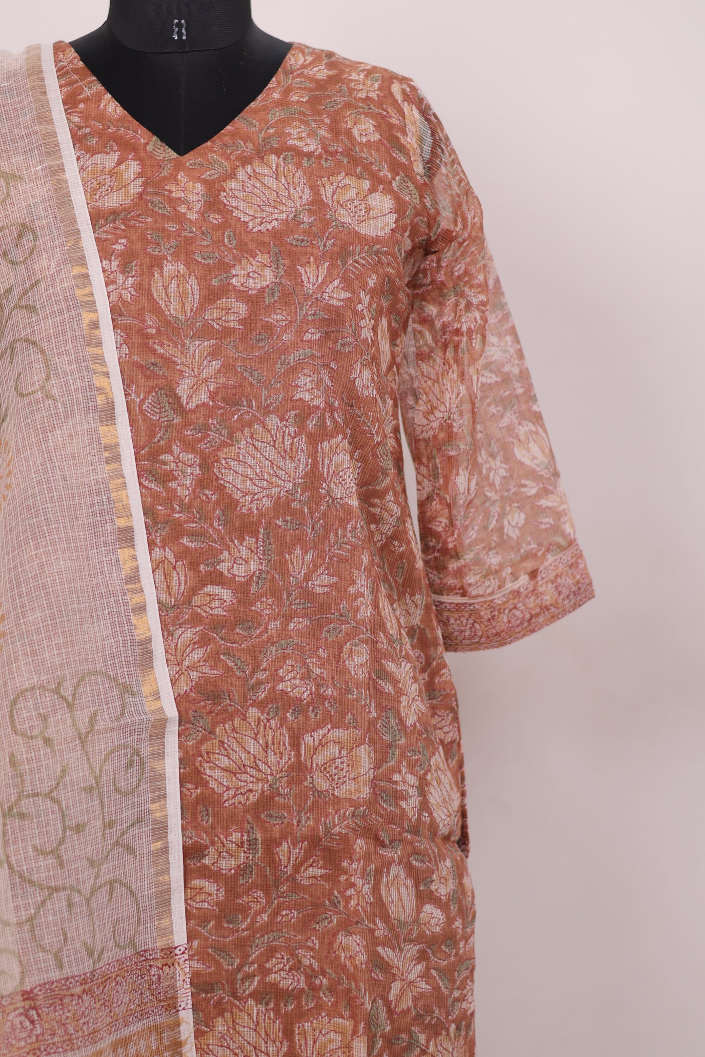 Brown Handblock printed kota 3 piece suit (stitched)