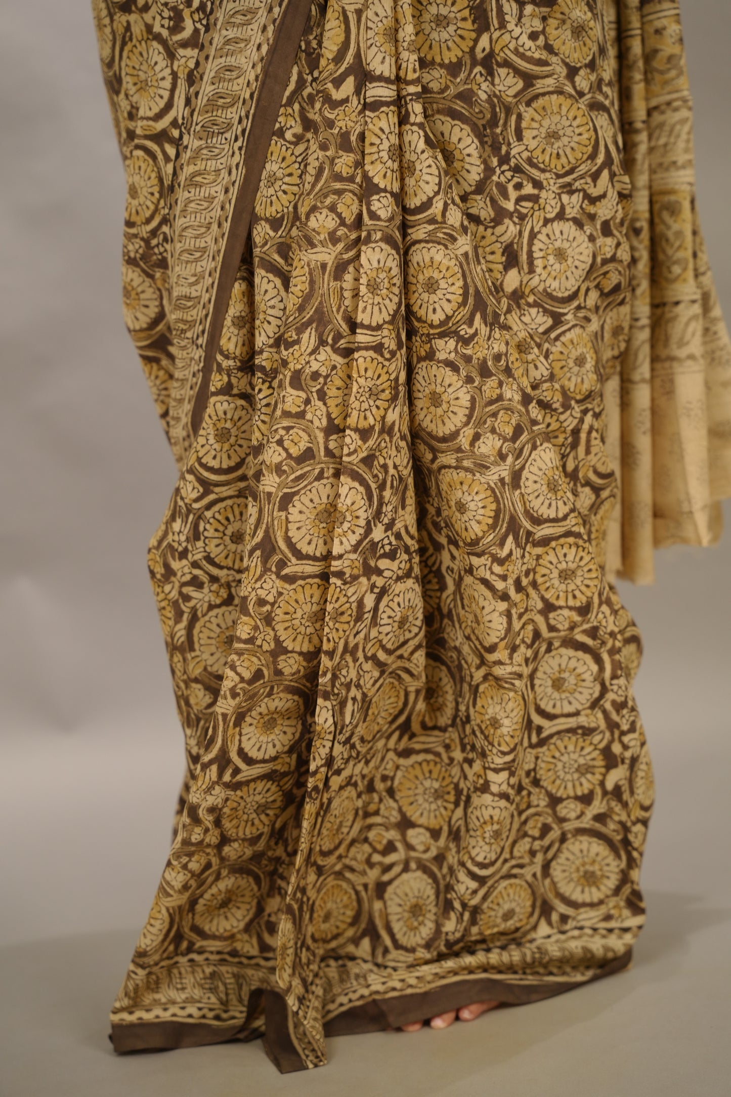 Mehendi Green Hand Block Printed Kalamkari Cotton Saree | Looms & Tassels
