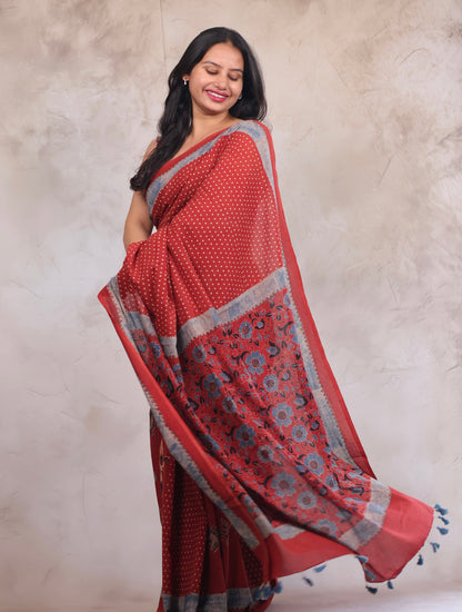 Red Ajrakh Hand Block Printed Mul Cotton Saree | Looms & Tassels