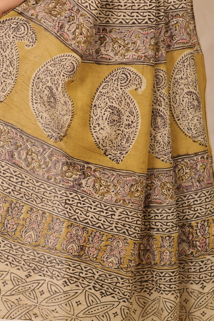 Mustard Hand Block Printed Kalamkari Cotton Saree | Looms & Tassels