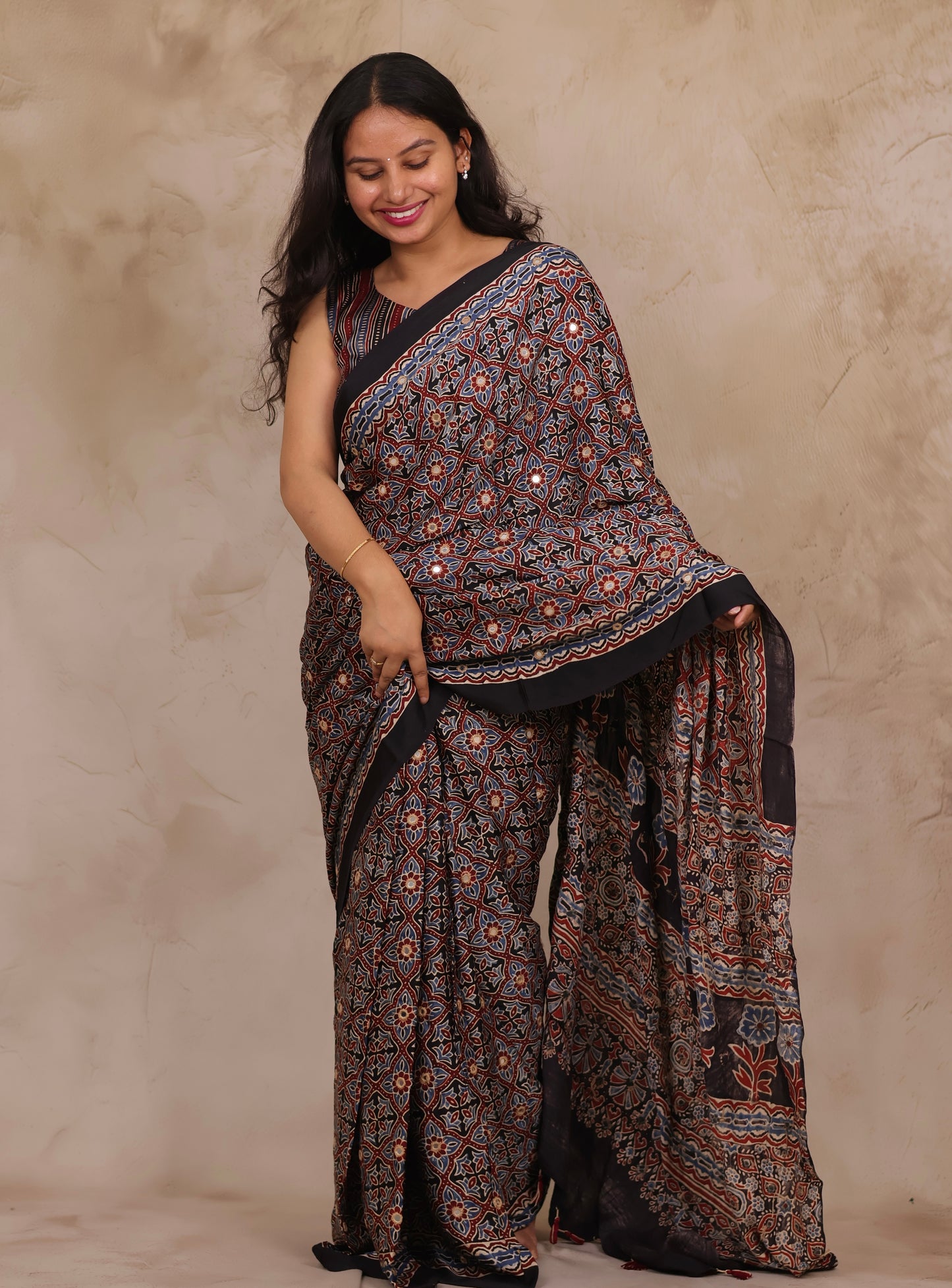 Black Handcrafted Ajrakh Modal Silk Saree with Authentic Banjara Mirror Work | Looms & Tassel