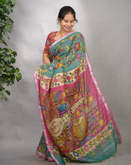 Bue Hand Drawn Pen  Mangalagiri Silk Saree | Looms & Tassels