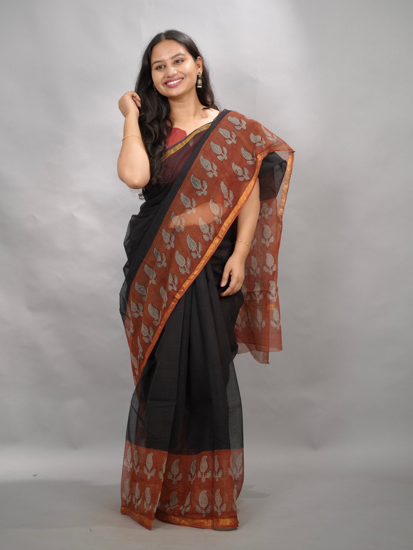 Black & Maroon Pure Kota Doria Saree with Bagru Handblock Prints | Looms & Tassels