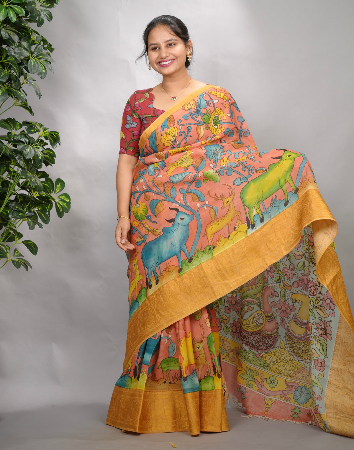 Peach Hand Drawn Pen Kalamkari Bangalore Silk Kanchi Border Saree | Looms & Tassels
