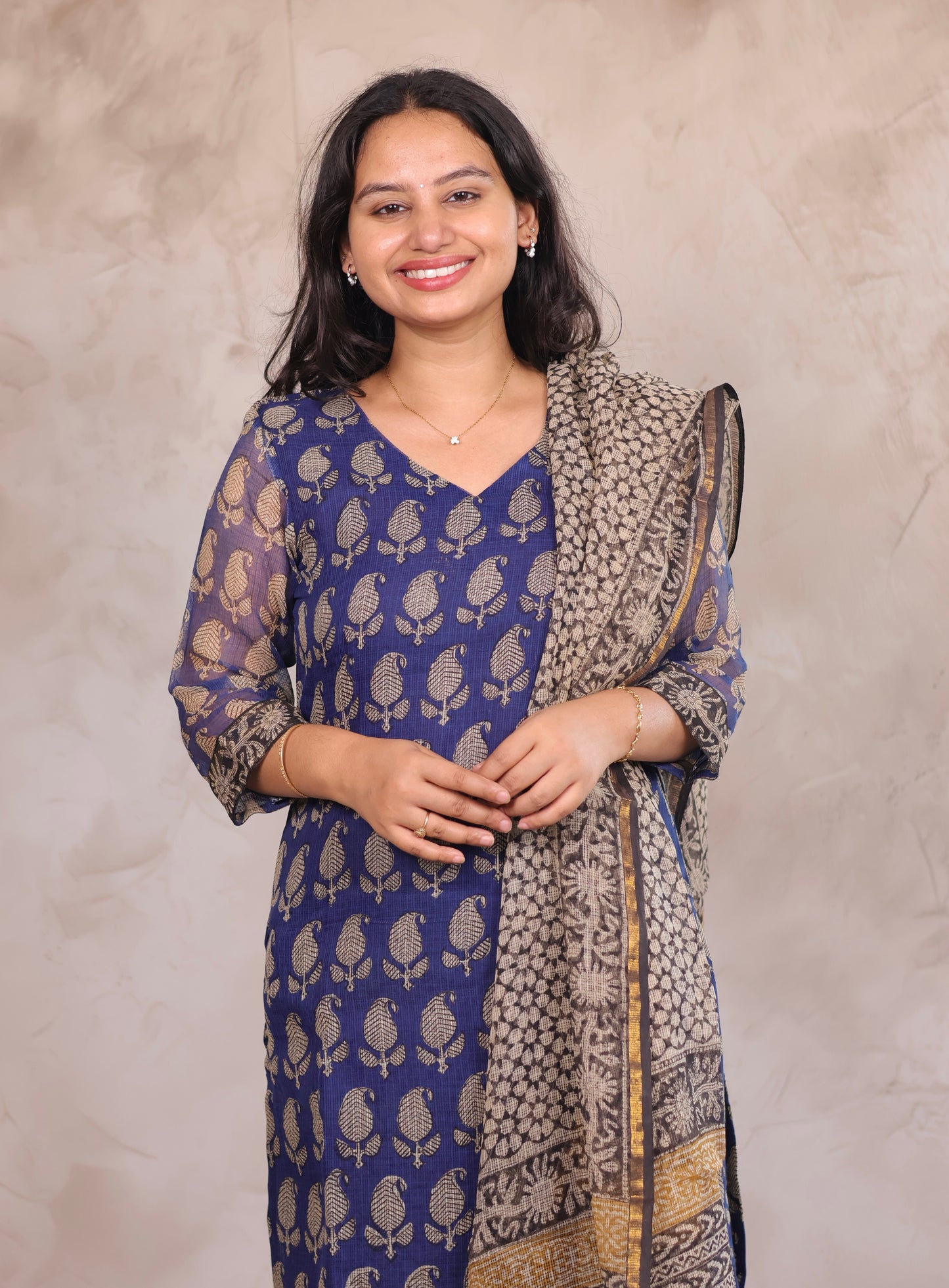 Blue Bagru Handblock printed kota 3 piece suit (stitched)