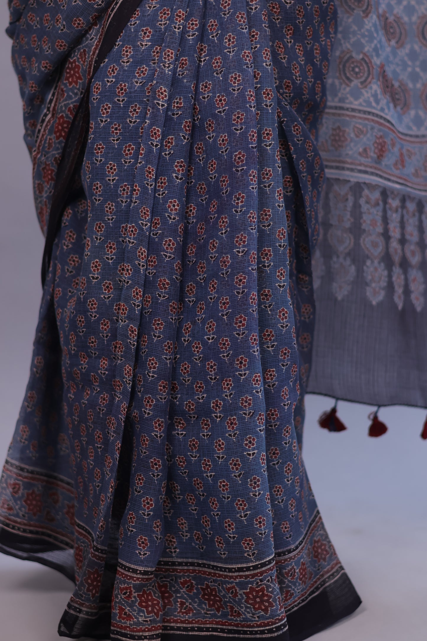 Indigo Ajrakh Hand Block Printed Kota Doria Saree | Looms & Tassels