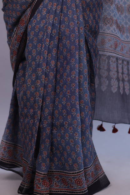 Indigo Ajrakh Hand Block Printed Kota Doria Saree | Looms & Tassels