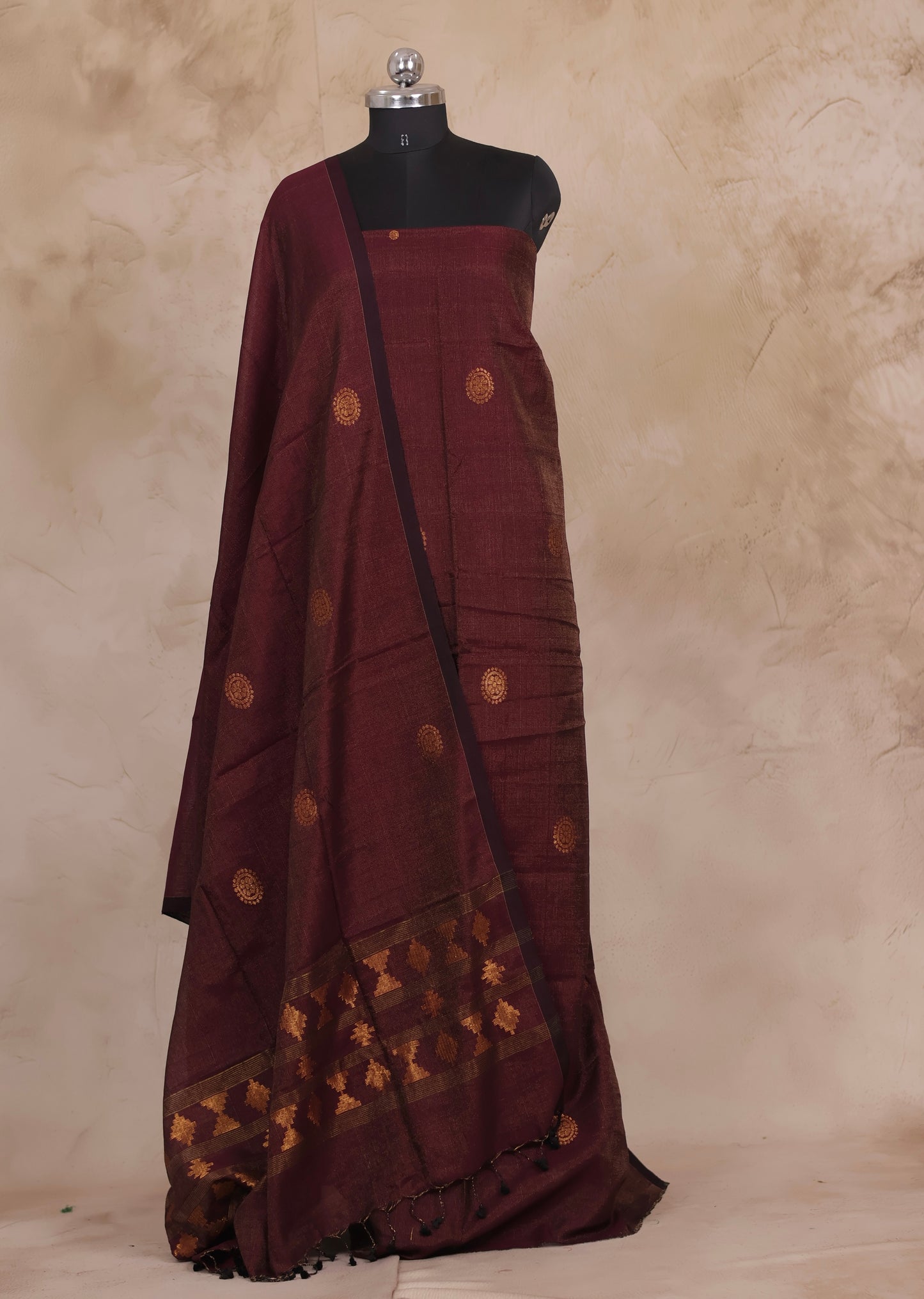 Maroon Handwoven Jamdhani weaving Tissue Linen 2 piece suit sets | Looms & Tassels