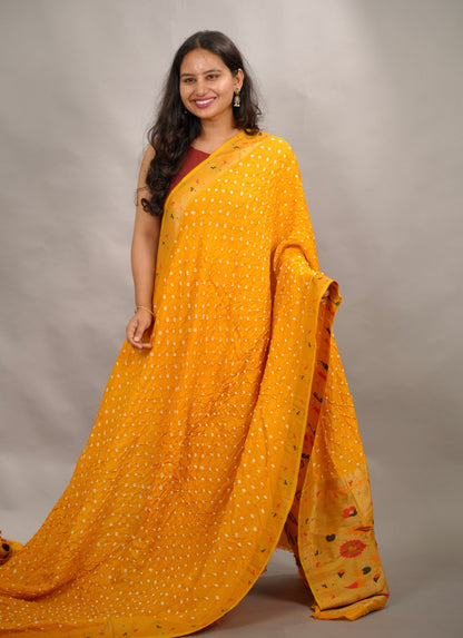 Yellow Handcrafted Bandhani Paithani Dola Silk Saree | Looms & Tassels