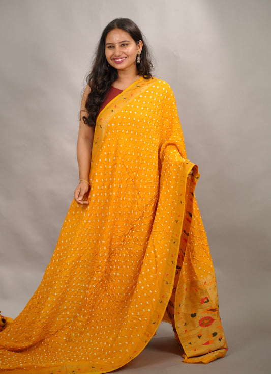 Yellow Handcrafted Bandhani Paithani Dola Silk Saree | Looms & Tassels