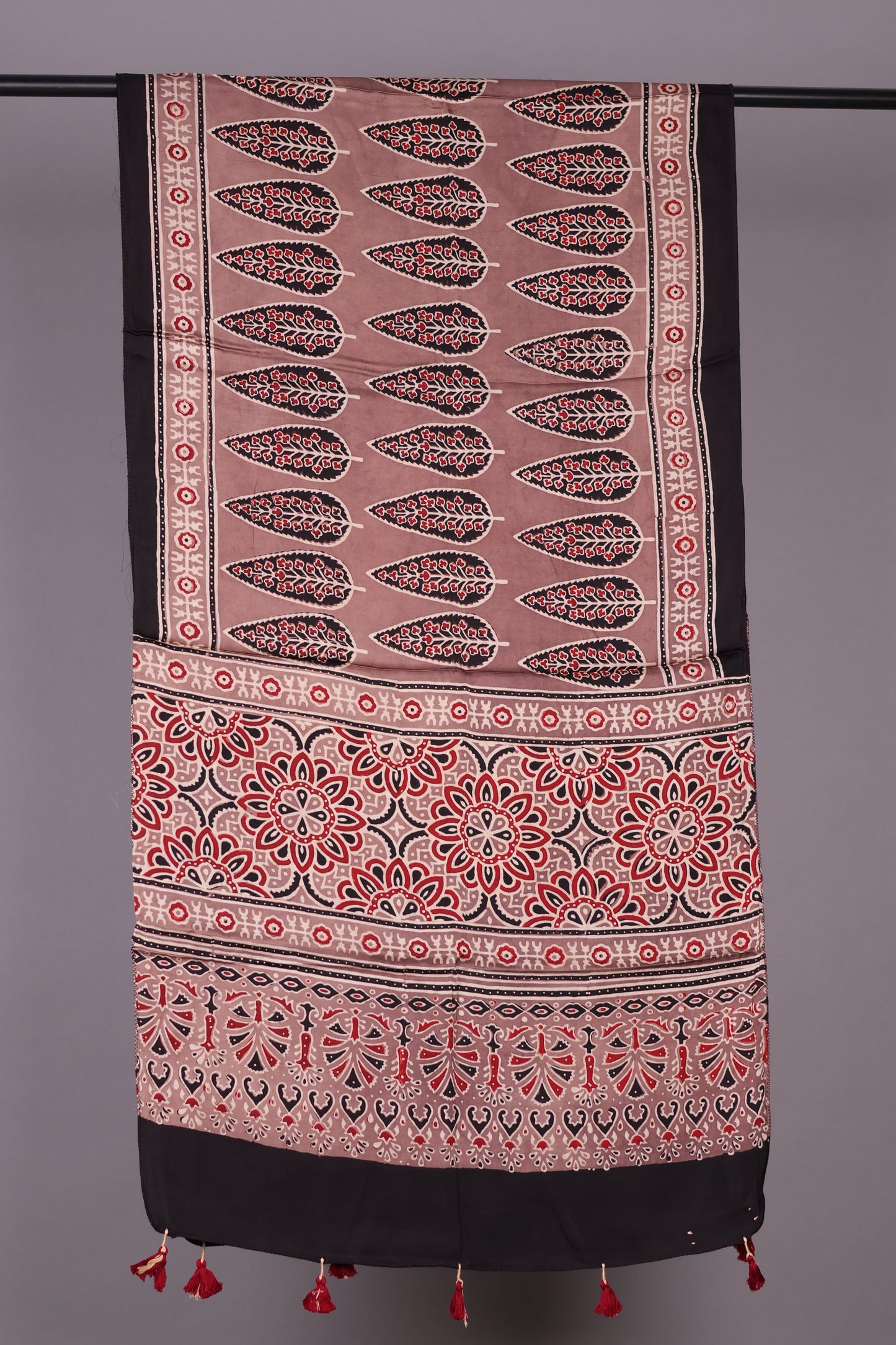 Ajrakh Hand Block Printed Modal Silk Stole | Looms & Tassels