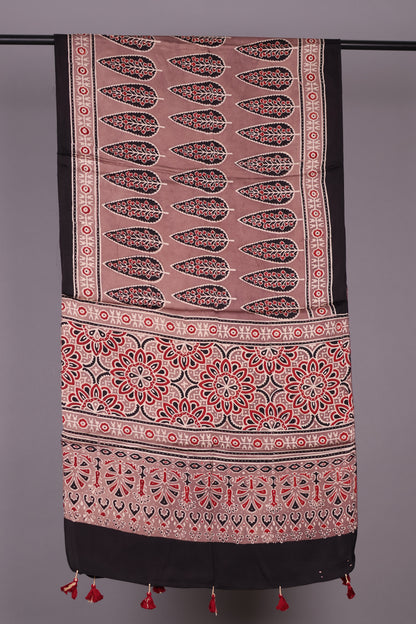 Ajrakh Hand Block Printed Modal Silk Stole | Looms & Tassels