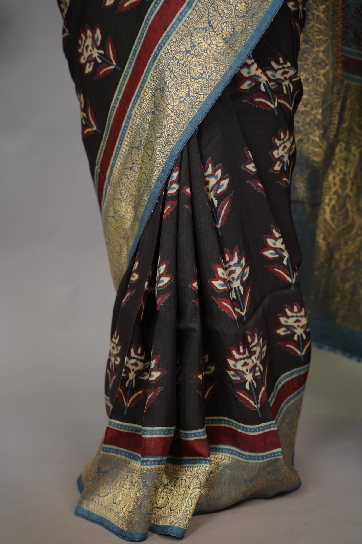 Ajrakh Dola Silk Saree - Black | Looms & Tassels