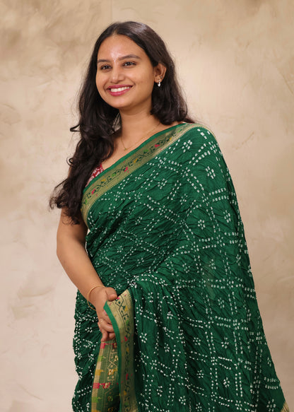 Green Handcrafted Pattern Bandhani Paithani Dola Silk Saree | Looms & Tassels