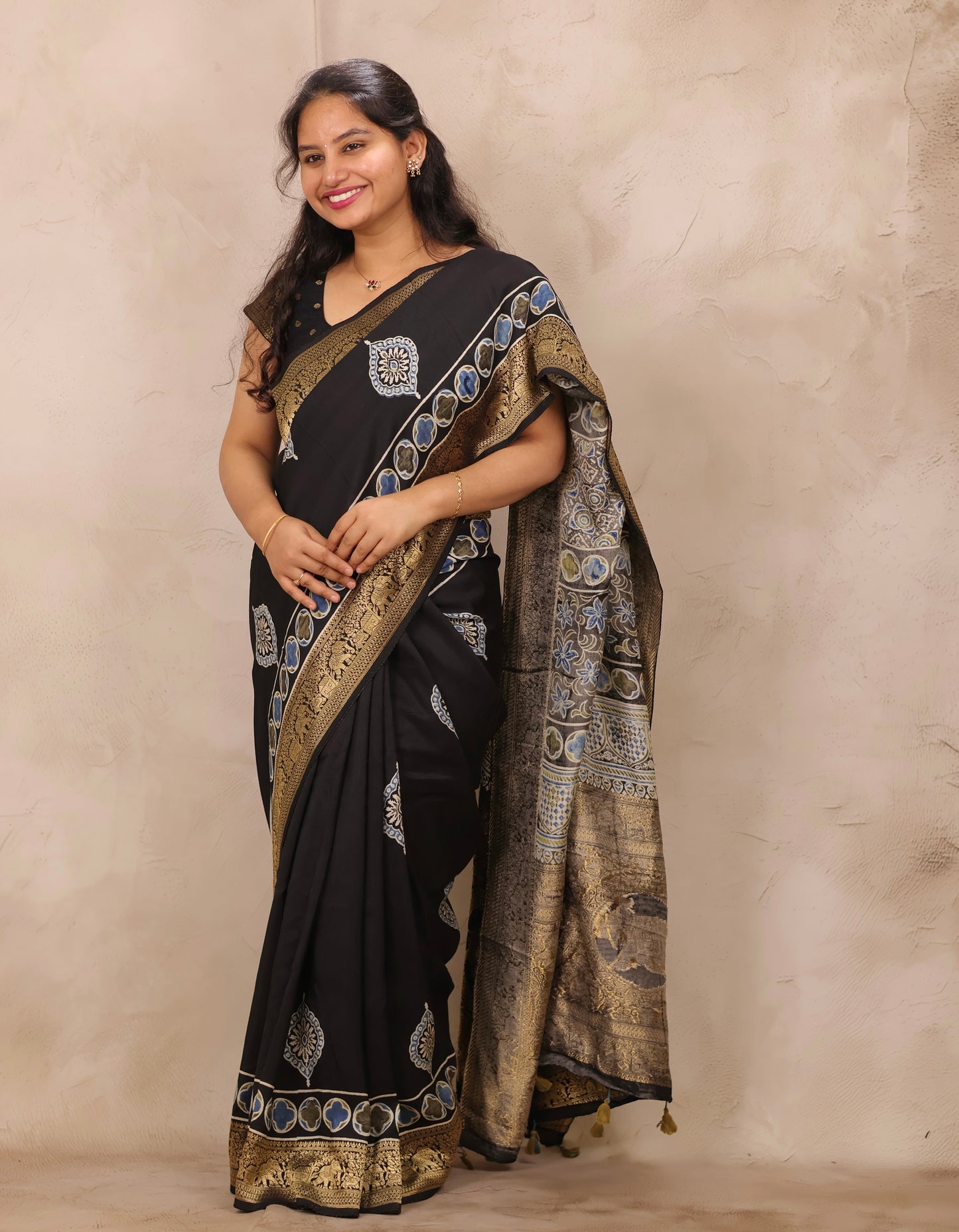 Black Ajrakh Handblock printed Dola Silk Saree | Looms & Tassels