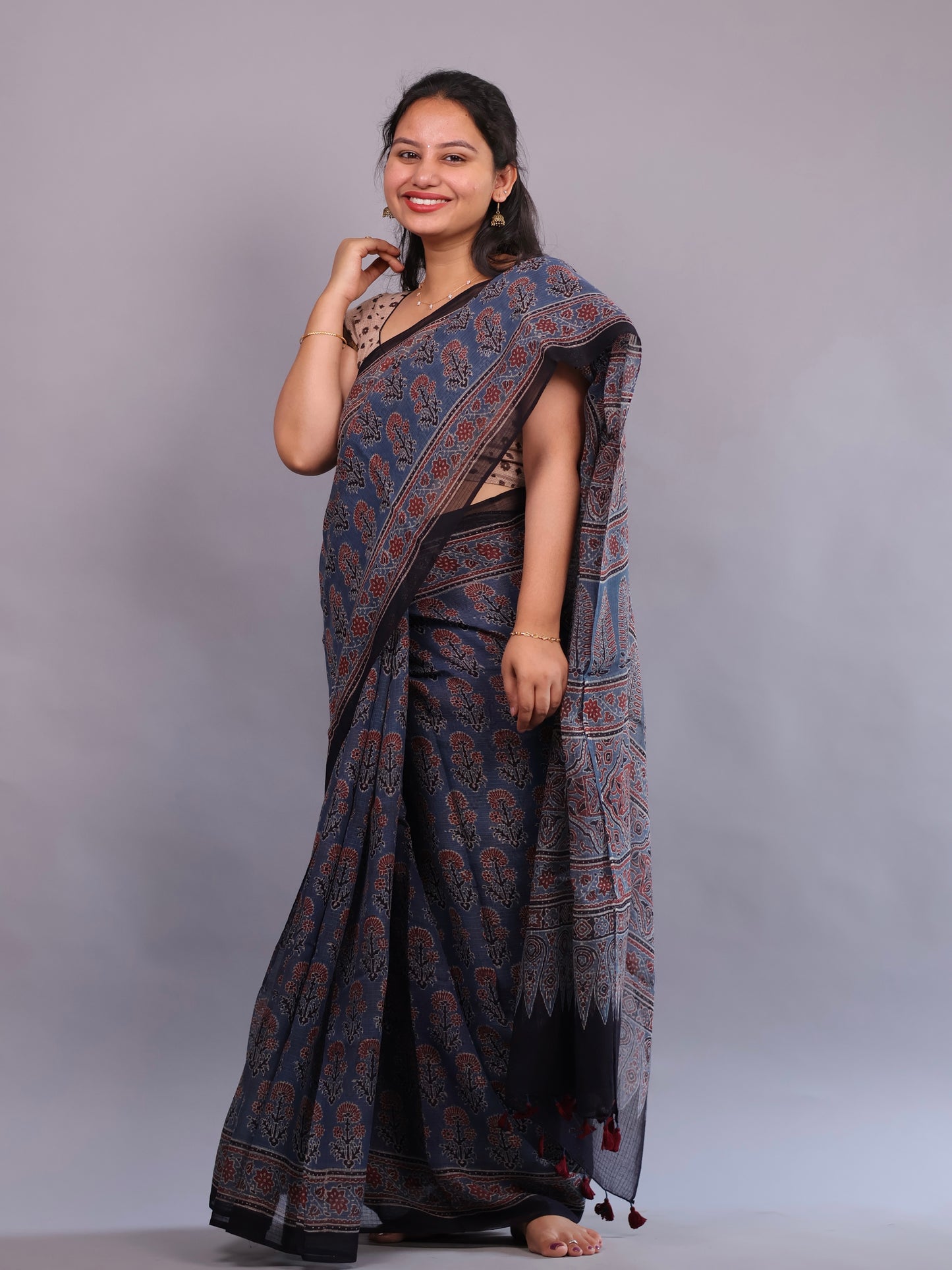 Indigo Ajrakh Hand Block Printed Kota Doria Saree | Looms & Tassels