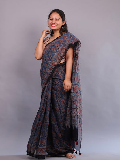 Indigo Ajrakh Hand Block Printed Kota Doria Saree | Looms & Tassels