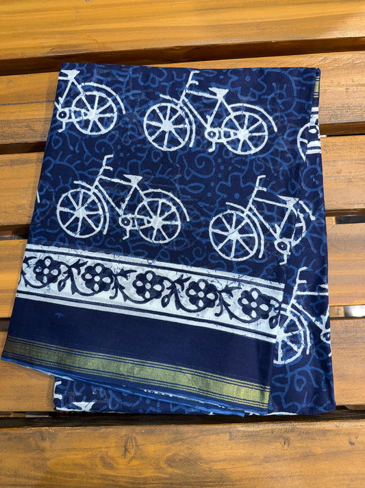 Bagru Handblock printed MulMul cotton saree with Jari border