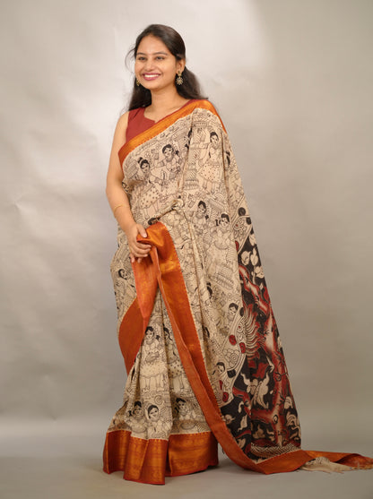 Cream Outline Kanchi border Kalamkari Chennur Silk Saree | Looms & Tassels