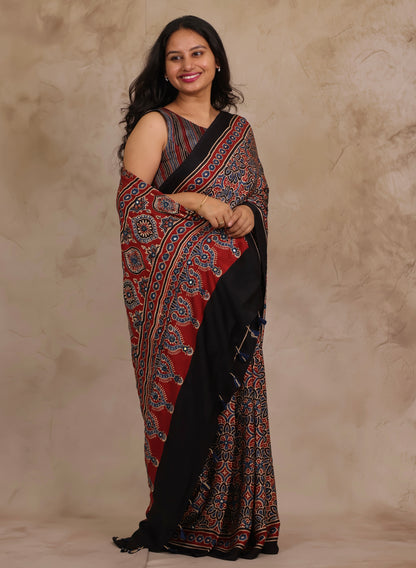Red Handcrafted Ajrakh Modal Silk Saree with Authentic Banjara Mirror Work | Looms & Tassels