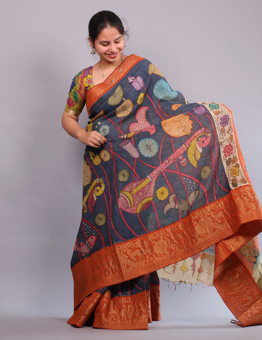 Hand Painted Pen Kalamkari Silk Saree