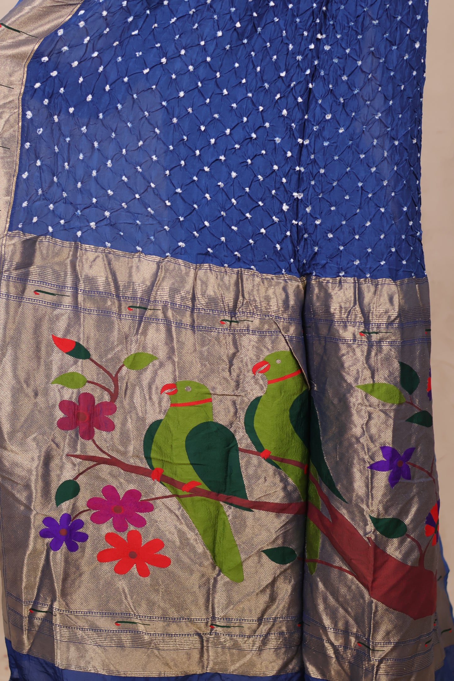Blue Handcrafted Bandhani Paithani Dola Silk Saree | Looms & Tassels