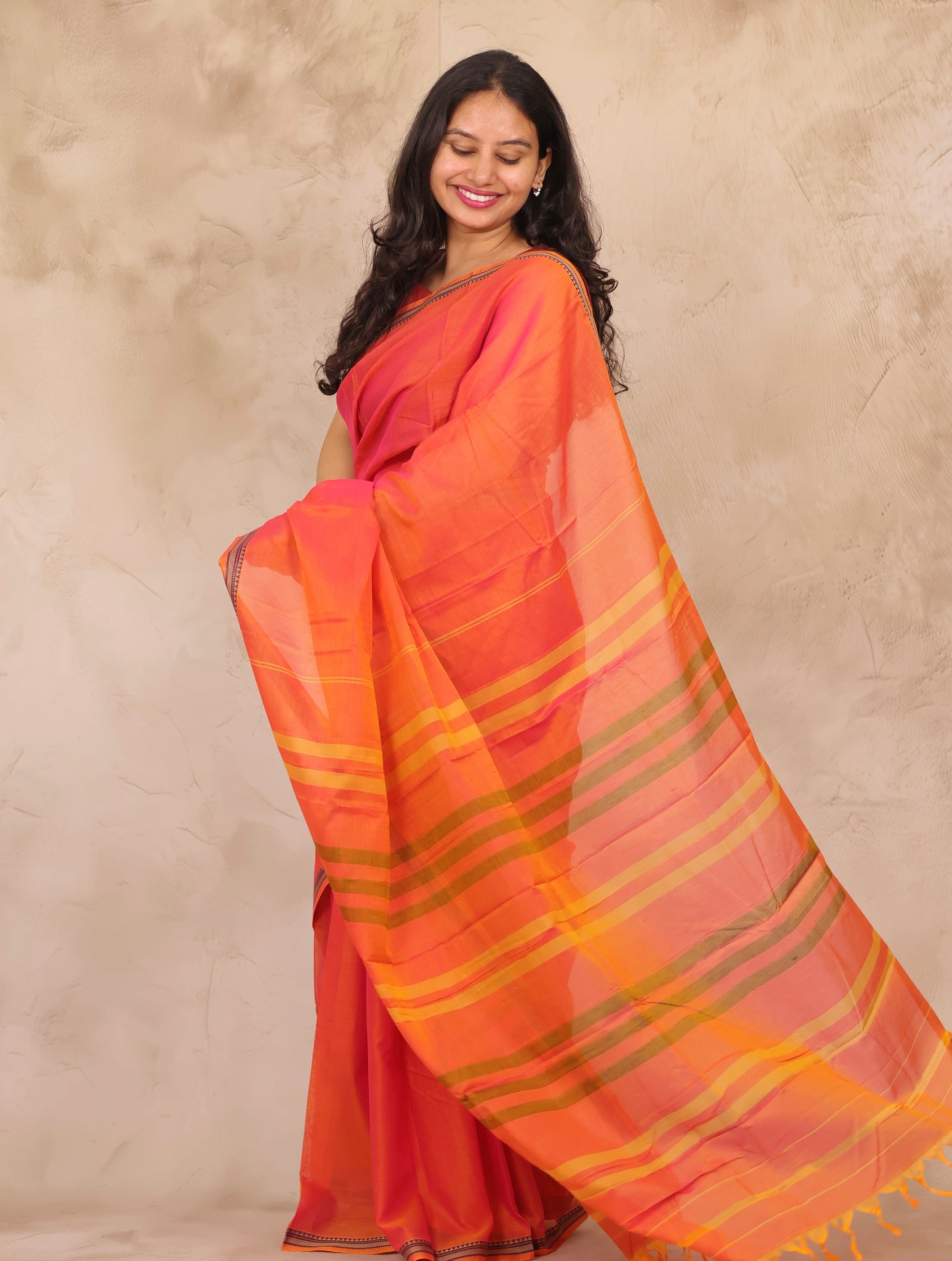 Orange Narayanpet Cotton Saree | Looms & Tassels