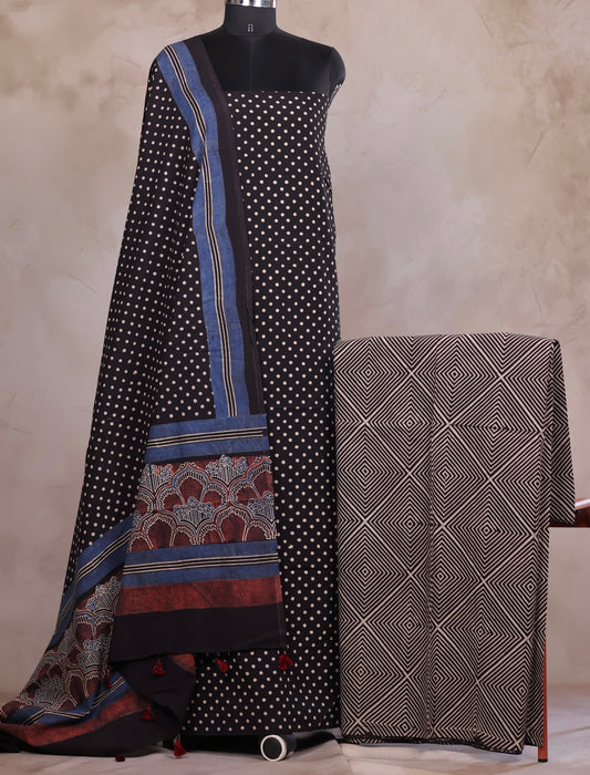 Black Polka Dots Ajrakh Handblock Printed Pure Cotton 3 piece suit set | Looms & Tassels