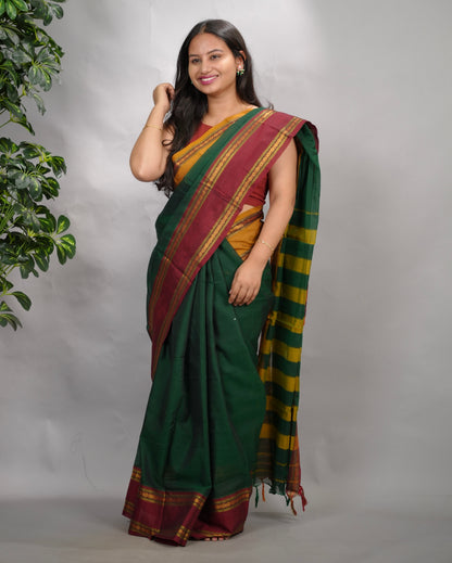 Green Narayanpet Cotton Saree With Ganga And Jamuna Border | Looms & Tassels