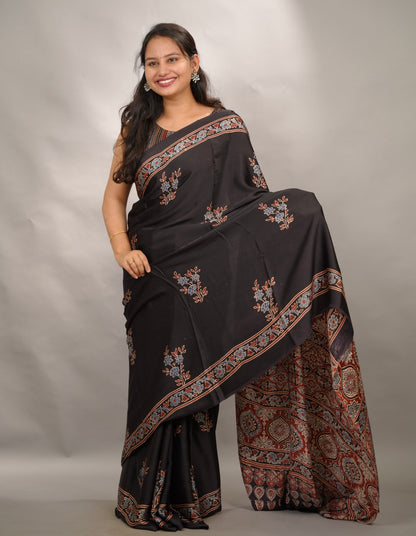 Black Authentic Ajrakh Handblock Printed Modal Silk Saree | Looms & Tassels