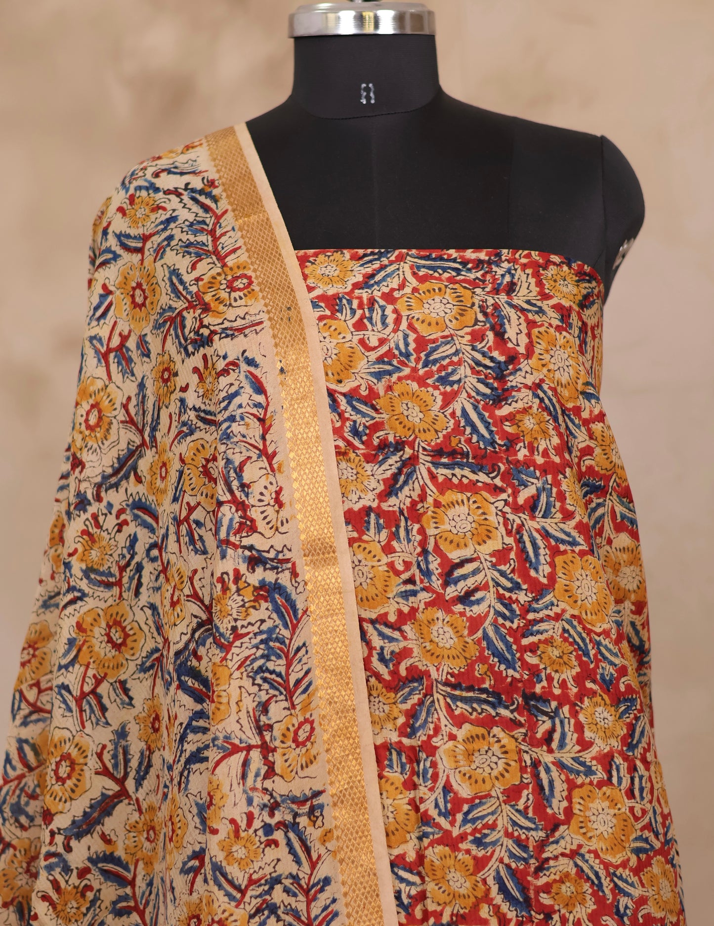 Hand Block Printed Kalamkari Unstitched 3pc Suit Set