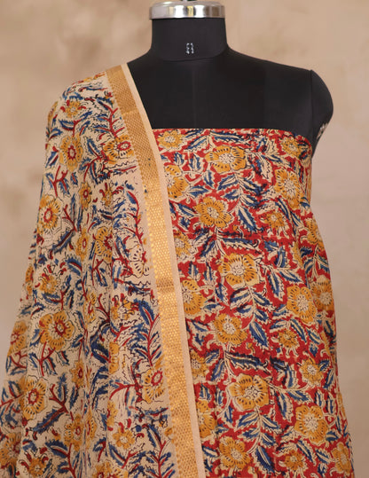 Hand Block Printed Kalamkari Unstitched 3pc Suit Set